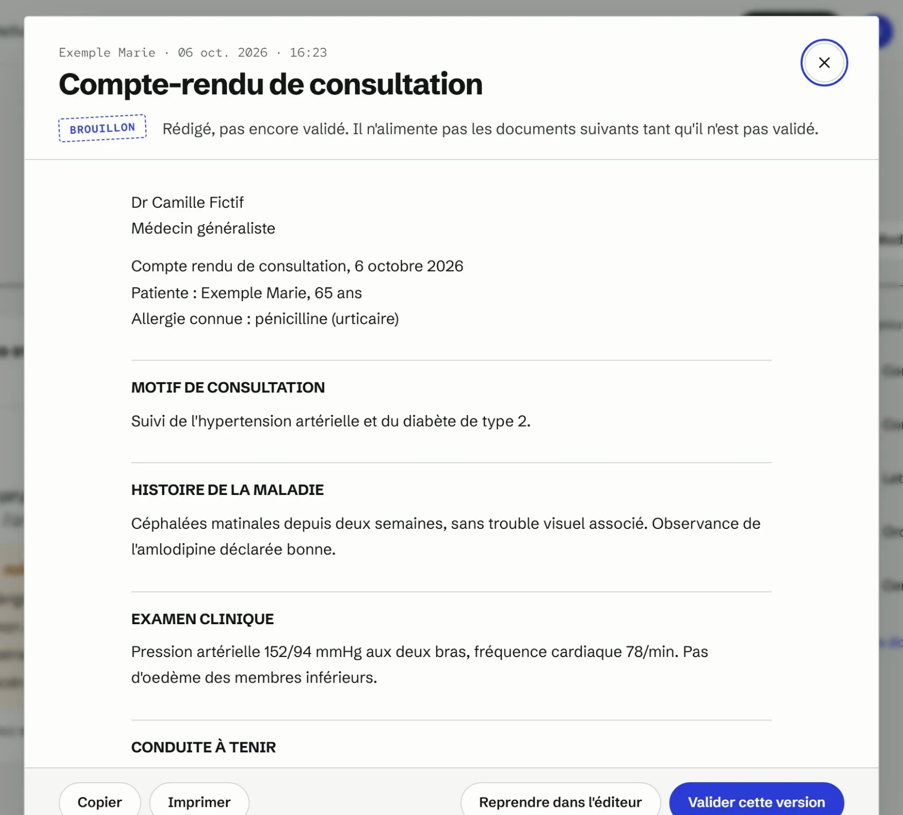 Compte rendu de consultation fictif, tamponné brouillon, avec le bouton Valider cette version.