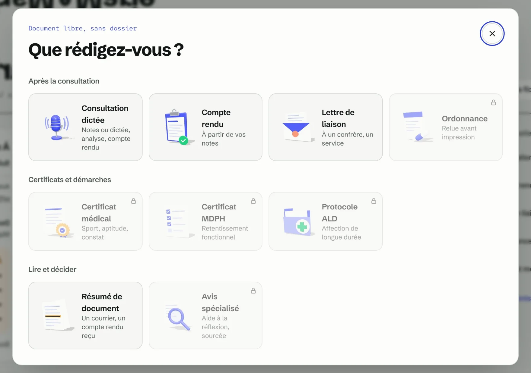 La fenêtre Rédiger : chaque type de document avec son illustration.